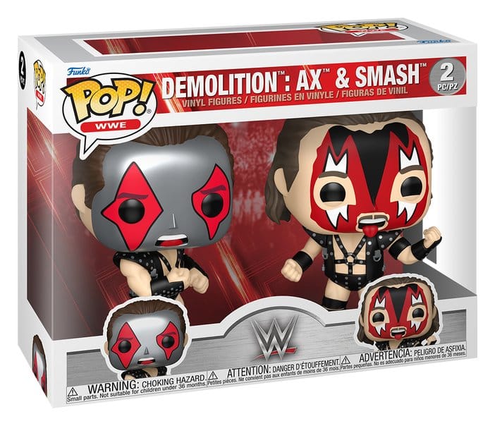 WWE Funko POP! Demolition Ax and Smash vinyl figure 2-pack shown in its window display box