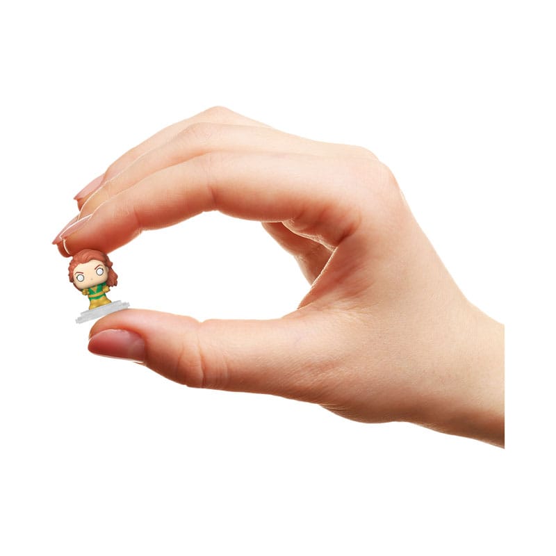 Hand holding a tiny X-Men Bitty POP! Jean Grey mini figure between finger and thumb to show scale