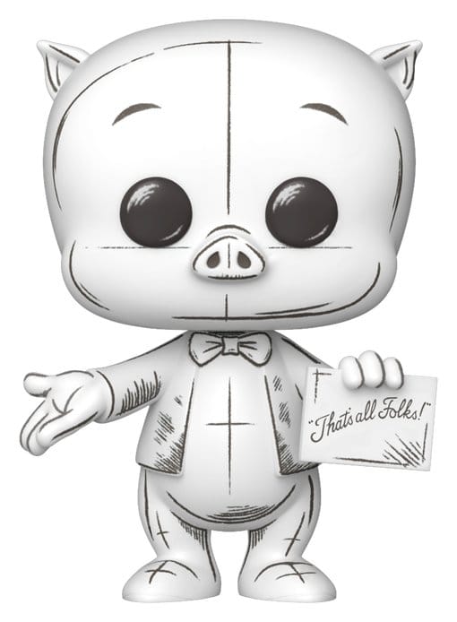 Funko Pop! Looney Tunes Porky Pig figure in white sketch style holding a That's All Folks card