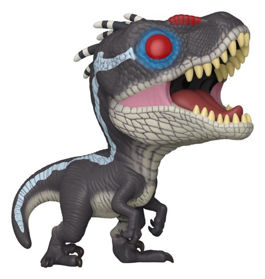 Funko POP! Alpha Raptor from Jurassic Park, dark grey raptor with blue and red markings
