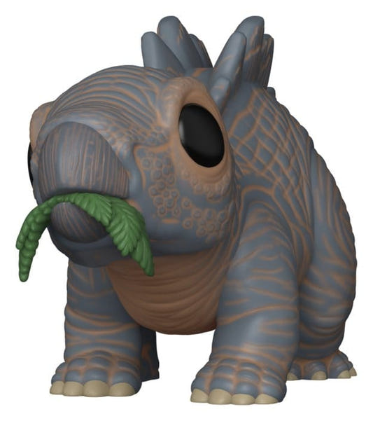 Funko POP! Baby Stegosaurus from Jurassic Park chewing a green leaf, front view