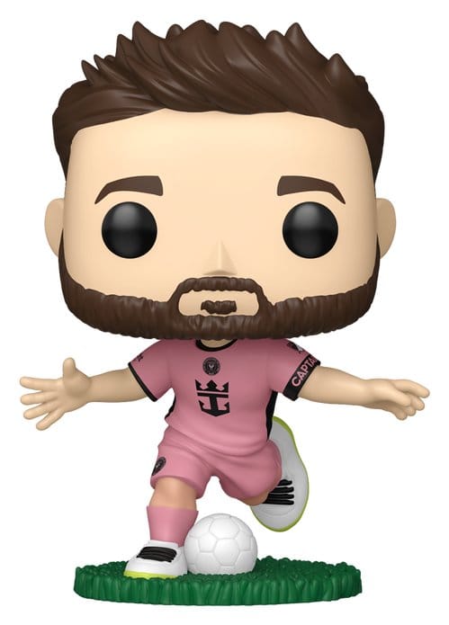 Funko POP! MLS Lionel Messi vinyl figure in pink Inter Miami CF kit striking a football