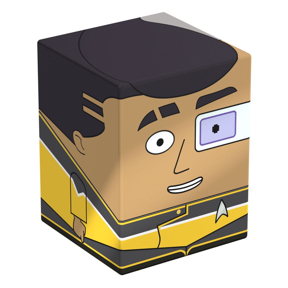 Squaroes Star Trek: Lower Decks Sam Rutherford ST004 card box, front and left side view with cybernetic eye and gold uniform