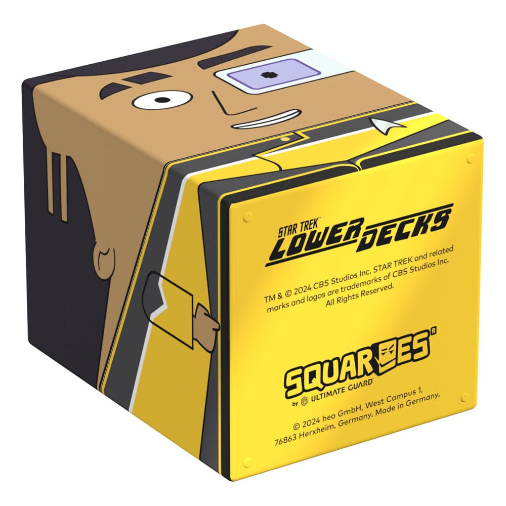 Squaroes Star Trek: Lower Decks Sam Rutherford ST004 card box, on its side, base printed with Lower Decks logo