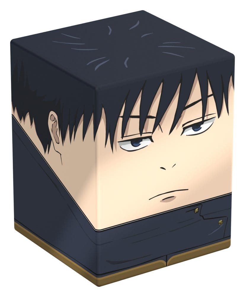 Squaroes Jujutsu Kaisen Megumi Fushiguro deck box, spiky black hair and dark uniform, front corner view angled left