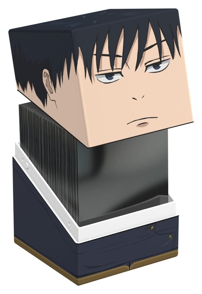 Squaroes Jujutsu Kaisen Megumi Fushiguro deck box, lid lifted with a stack of black-sleeved cards inside