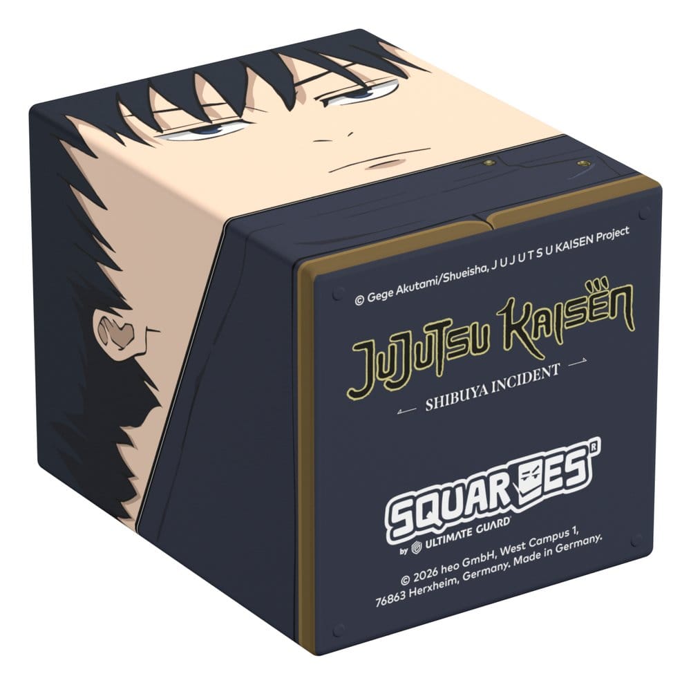 Squaroes Jujutsu Kaisen Megumi Fushiguro deck box, on its side showing the base with licence and Squaroes logos