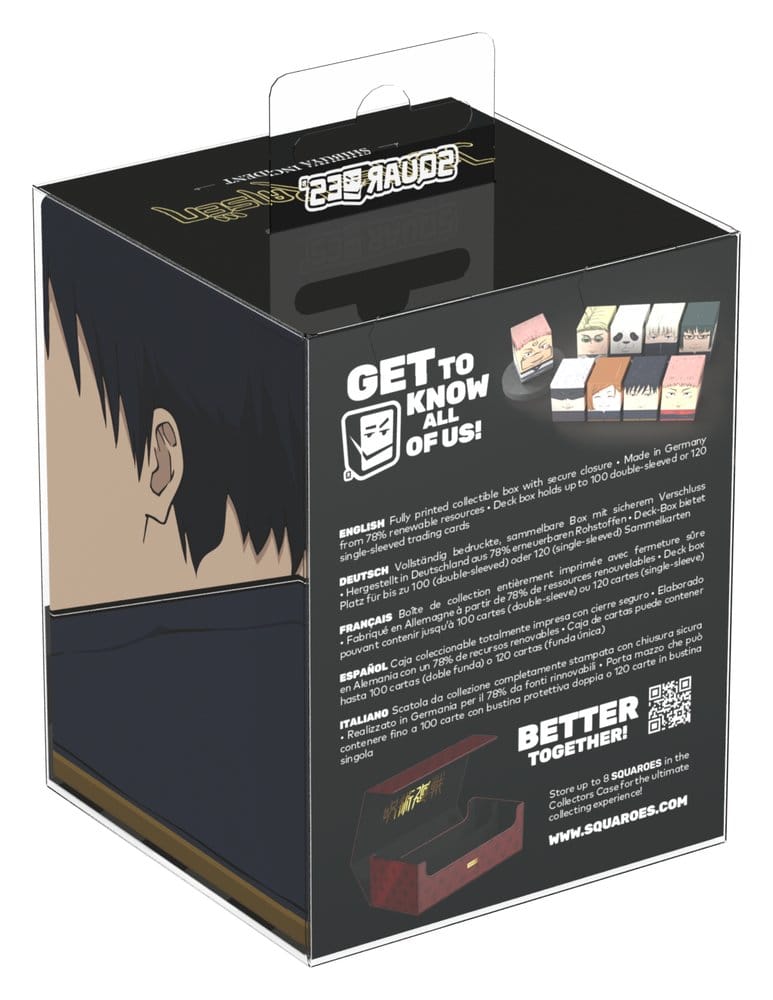 Squaroes Jujutsu Kaisen Megumi Fushiguro deck box, in retail packaging, back view with product information