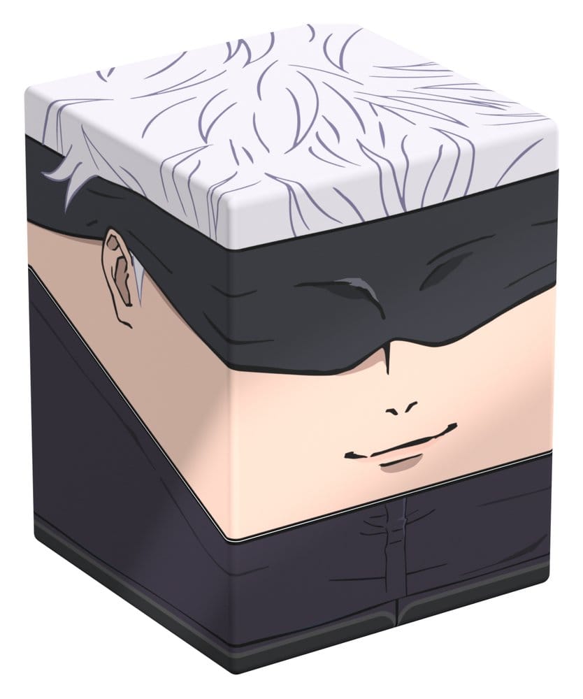 Squaroes Jujutsu Kaisen Satoru Gojo deck box, white hair and black blindfold, front corner view angled left