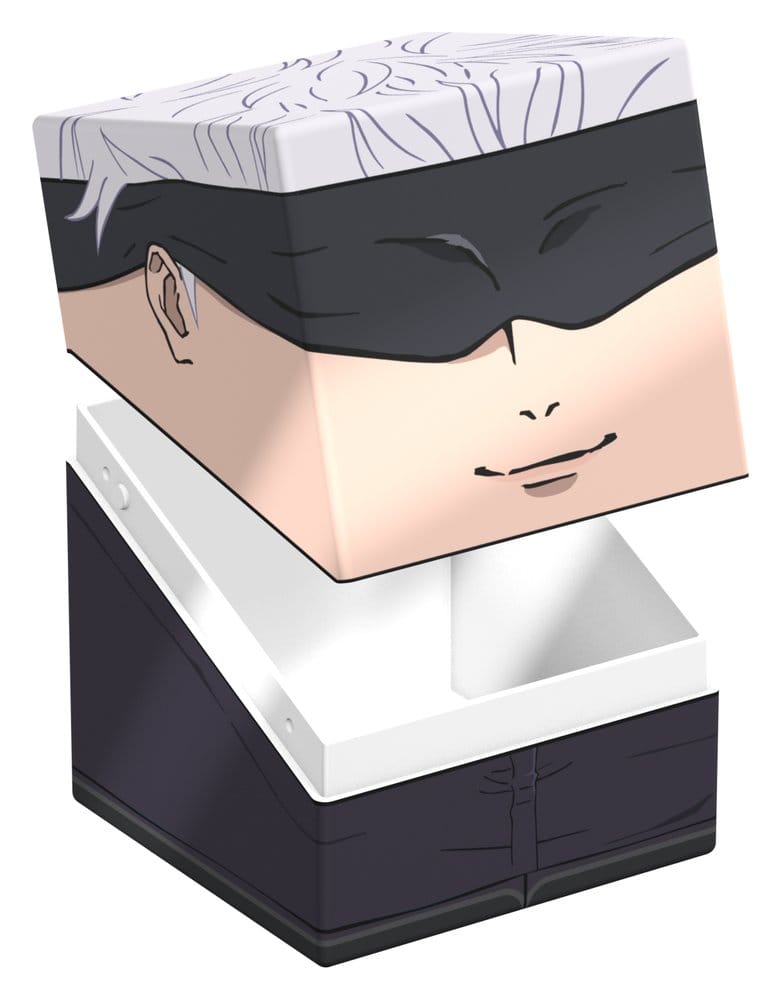 Squaroes Jujutsu Kaisen Satoru Gojo deck box, lid tilted open showing the empty white interior