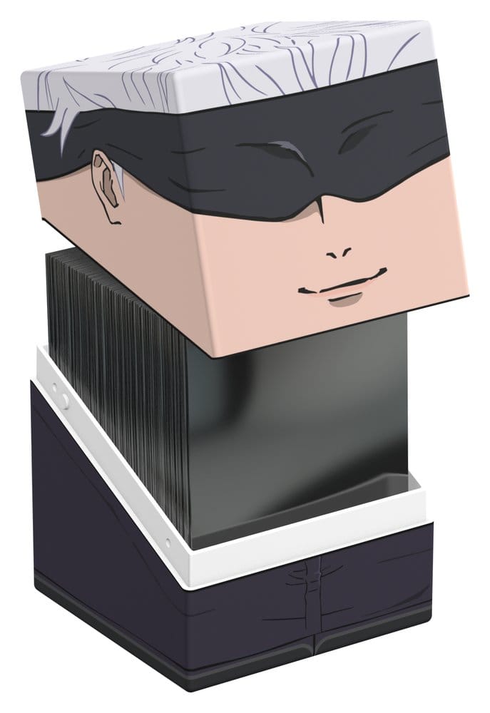 Squaroes Jujutsu Kaisen Satoru Gojo deck box, lid lifted with a stack of black-sleeved cards inside