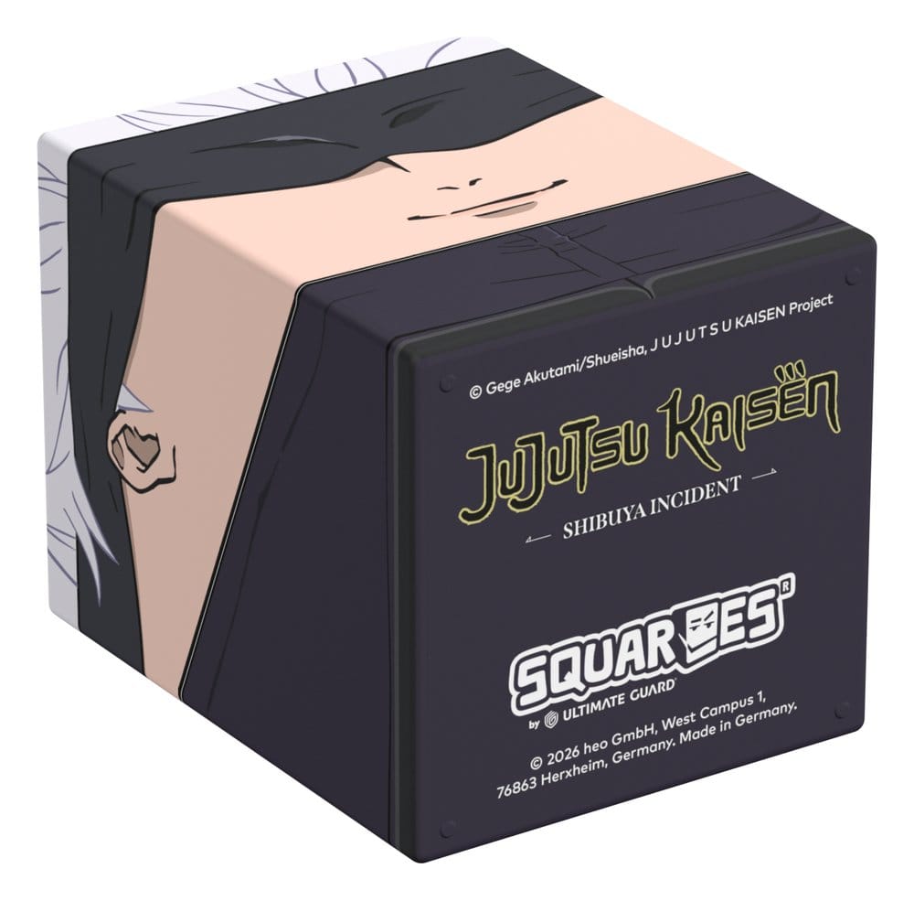 Squaroes Jujutsu Kaisen Satoru Gojo deck box, on its side showing the base with licence and Squaroes logos
