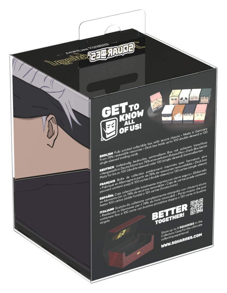 Squaroes Jujutsu Kaisen Satoru Gojo deck box, in retail packaging, back view with product information