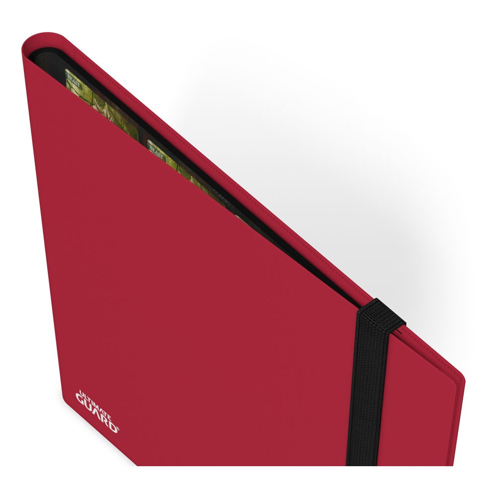 Ultimate Guard Flexxfolio 480 24-pocket binder in red, closed, spine view with elastic strap