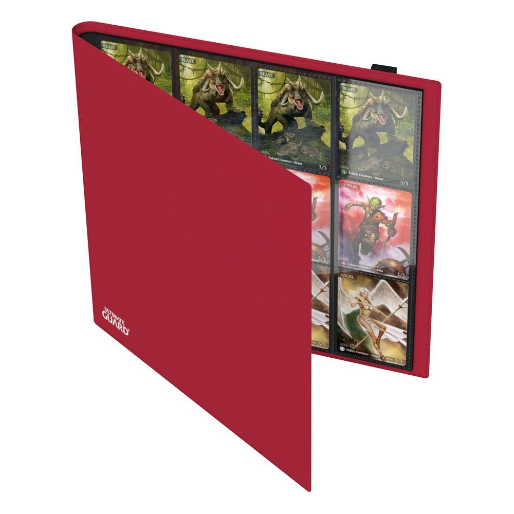 Ultimate Guard Flexxfolio 480 24-pocket binder in red, standing half open, showing filled pocket pages