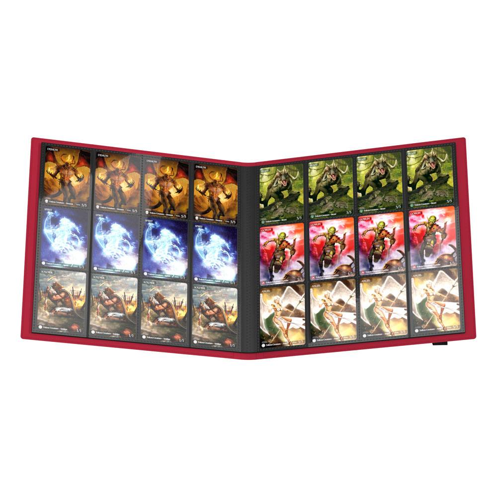 Ultimate Guard Flexxfolio 480 24-pocket binder in red, open flat, showing filled pocket pages
