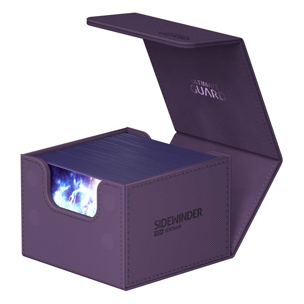 Ultimate Guard Sidewinder 133+ Xenoskin deck box in purple, lid open, filled with sleeved cards