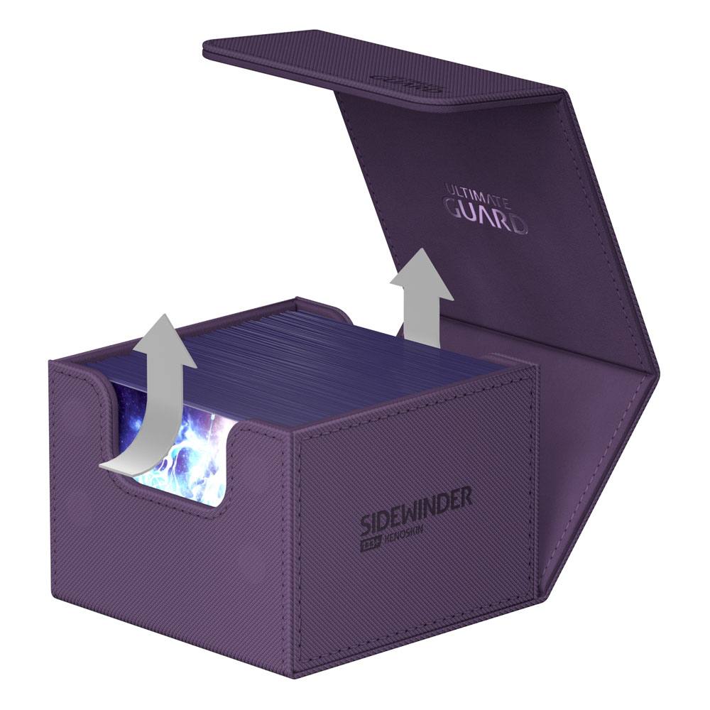Ultimate Guard Sidewinder 133+ Xenoskin deck box in purple, cards lifting out of the side opening, arrows shown