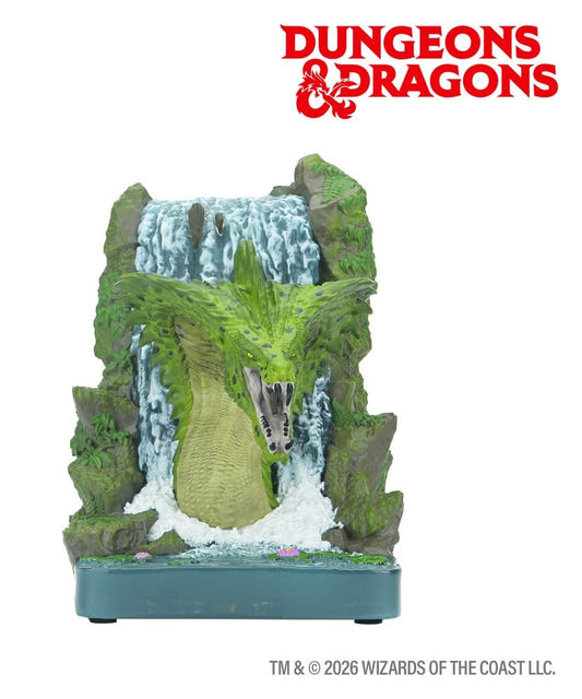 WizKids D&D Green Dragon bookend, front view of dragon in waterfall