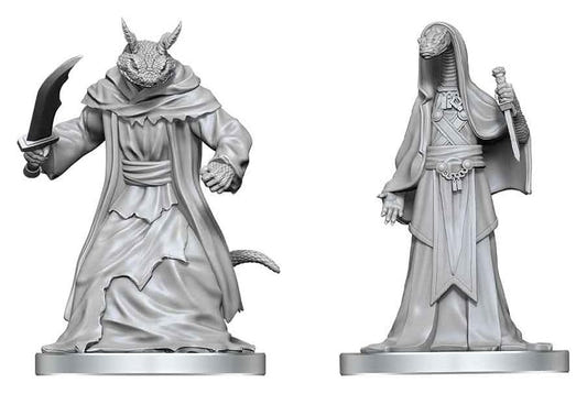 Pathfinder Battles Deep Cuts Zyss & Aapoph Serpentfolk unpainted miniatures, close-up of both robed figures