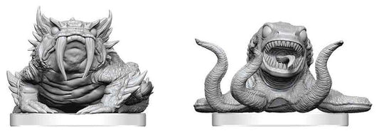Pathfinder Battles Deep Cuts Bogwid & Slurk unpainted miniatures, close-up of both creatures