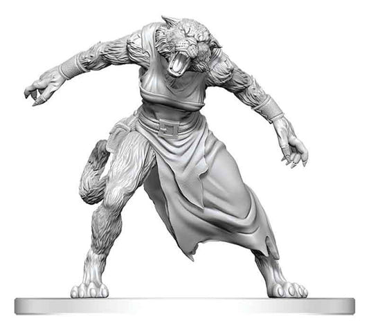 Pathfinder Battles Deep Cuts Weretiger unpainted miniature, front close-up in crouching stance