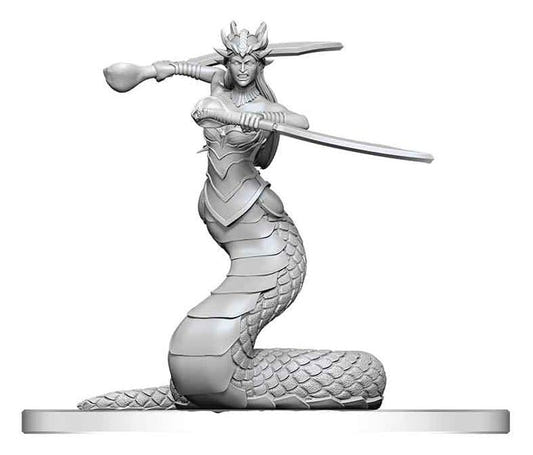 Pathfinder Battles Deep Cuts Lamia Matriarch unpainted miniature, front close-up with sword and staff