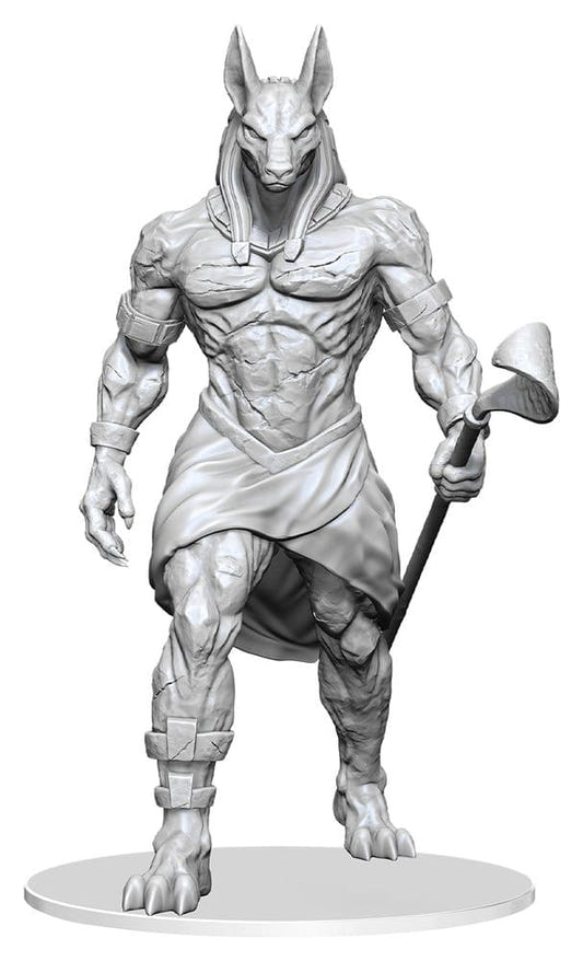 Pathfinder Deep Cuts Giant Animated Statue unpainted miniature, front close-up of jackal-headed statue