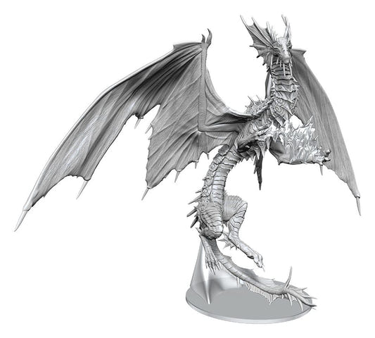 Pathfinder Deep Cuts Adult Mirage Dragon unpainted miniature, close-up on a flight stand