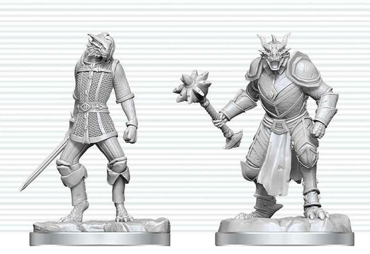 D&D Nolzur's Marvelous Miniatures Dragonborn Paladin & Squire unpainted miniatures, close-up of both figures