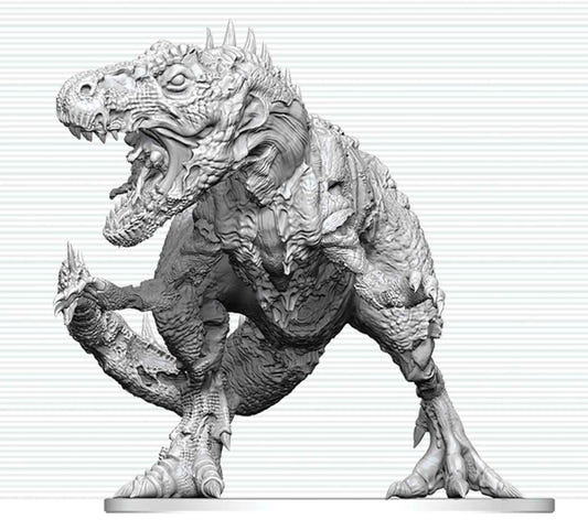D&D Nolzur's Marvelous Miniatures Tyrannosaurus Zombie unpainted miniature, front close-up, jaws open