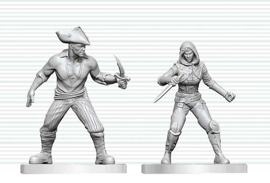 D&D Nolzur's Marvelous Miniatures Bandit & Pirate unpainted miniatures, close-up of both figures