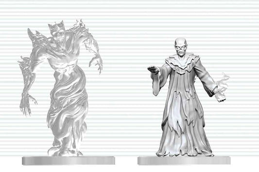D&D Nolzur's Marvelous Miniatures Ghast Gravecaller & Wraith unpainted miniatures, close-up of both figures