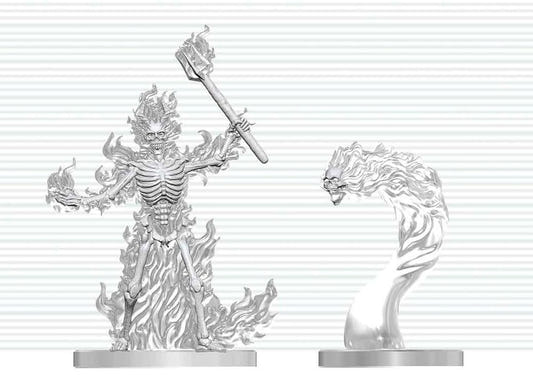 D&D Nolzur's Marvelous Miniatures Flaming Skeleton & Flameskull unpainted miniatures, close-up of both