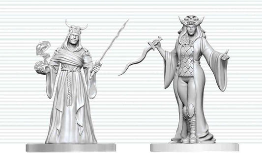 D&D Nolzur's Marvelous Miniatures Cultist Fanatic & Hierophant unpainted miniatures, close-up of both figures