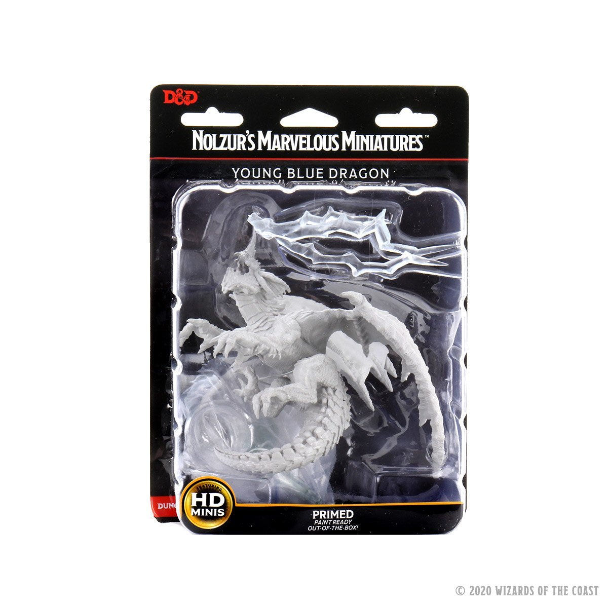 WizKids Nolzur's Marvelous Young Blue Dragon primed miniature in its retail packaging