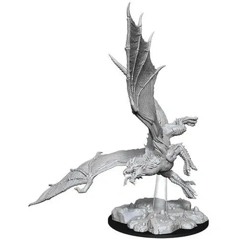 Unpainted Young Green Dragon D&D Nolzur's miniature swooping on a clear stand over rocks