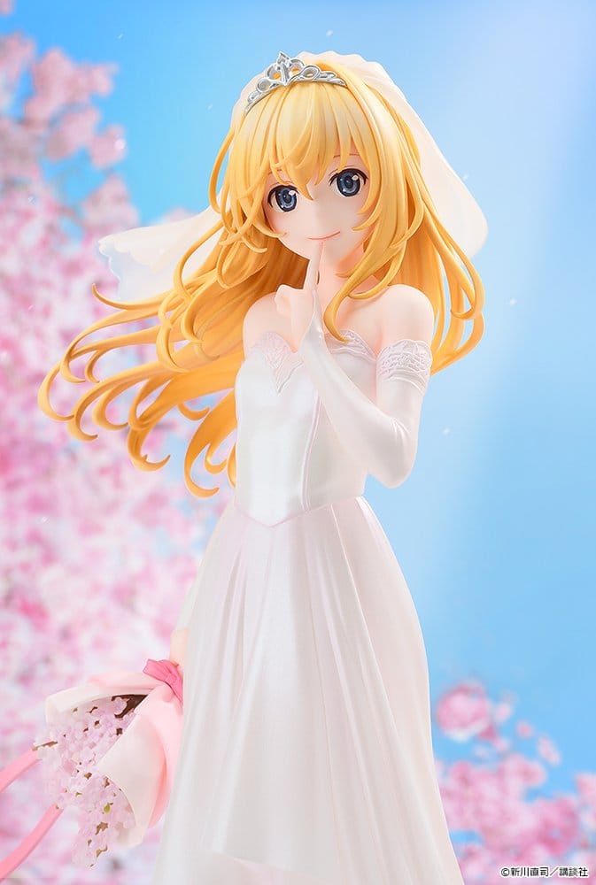 Kaori Miyazono Wedding Dress Ver. figure from Your Lie in April against pink cherry blossoms and blue sky