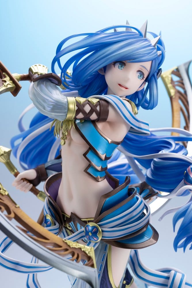Close-up of Dana Iclucia statue with blue hair and golden curved blade on sky backdrop