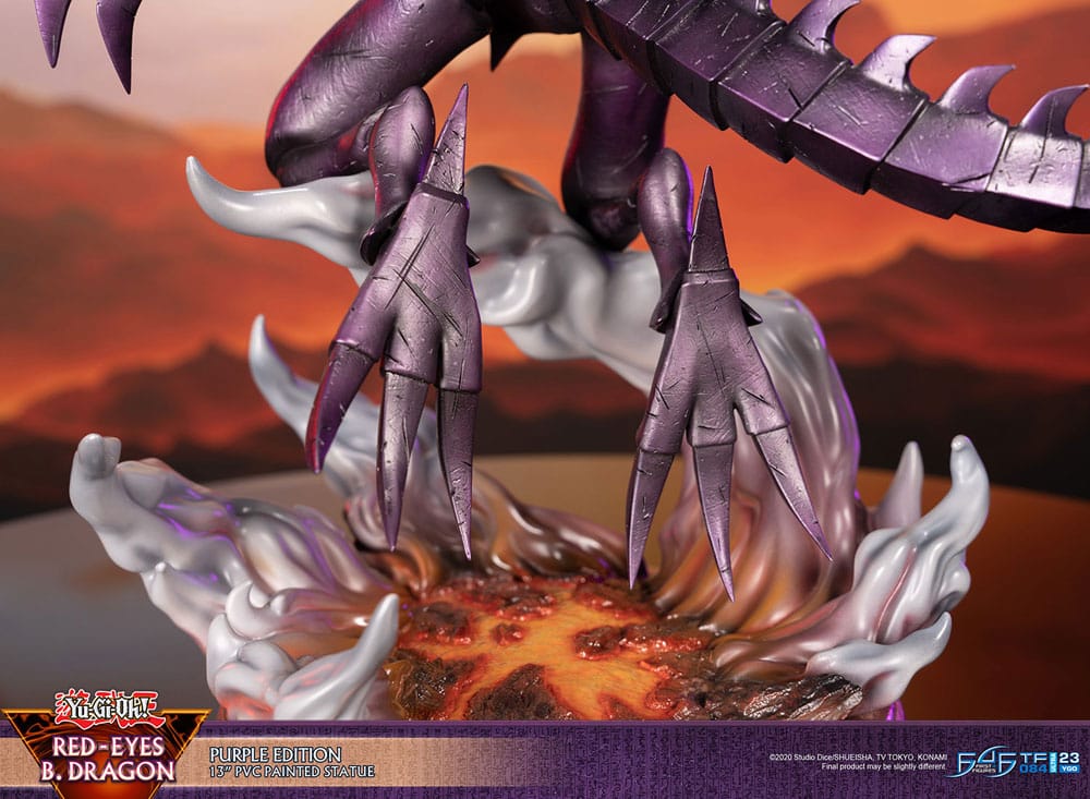 First 4 Figures Yu-Gi-Oh! Red-Eyes B. Dragon purple PVC statue, close-up of claws gripping the lava base