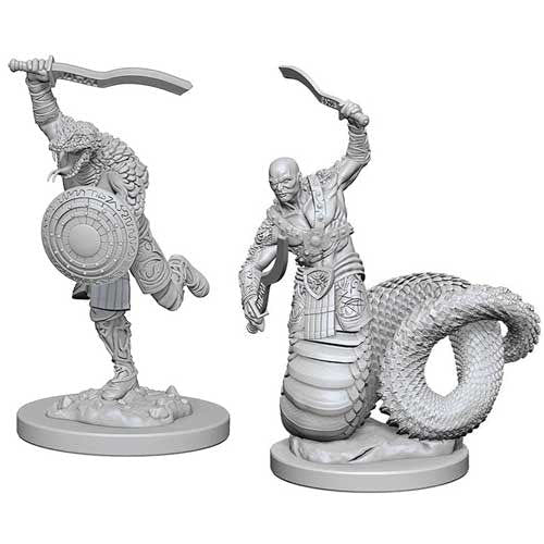 WizKids Nolzur's Yuan-Ti Malisons: two primed figures, one with scimitar and shield, one serpentine