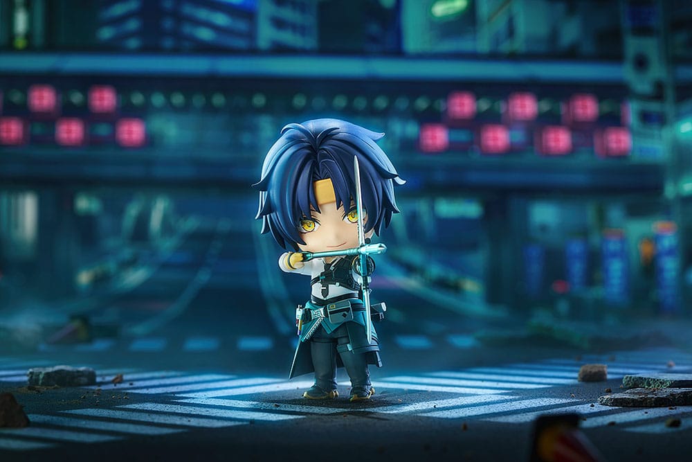 Harumasa Asaba Nendoroid aiming his bow on a neon-lit night crossing