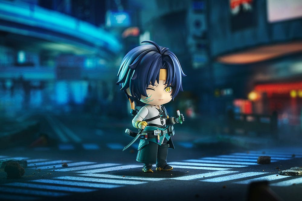 Harumasa Asaba Nendoroid standing on a blue-lit city street at night