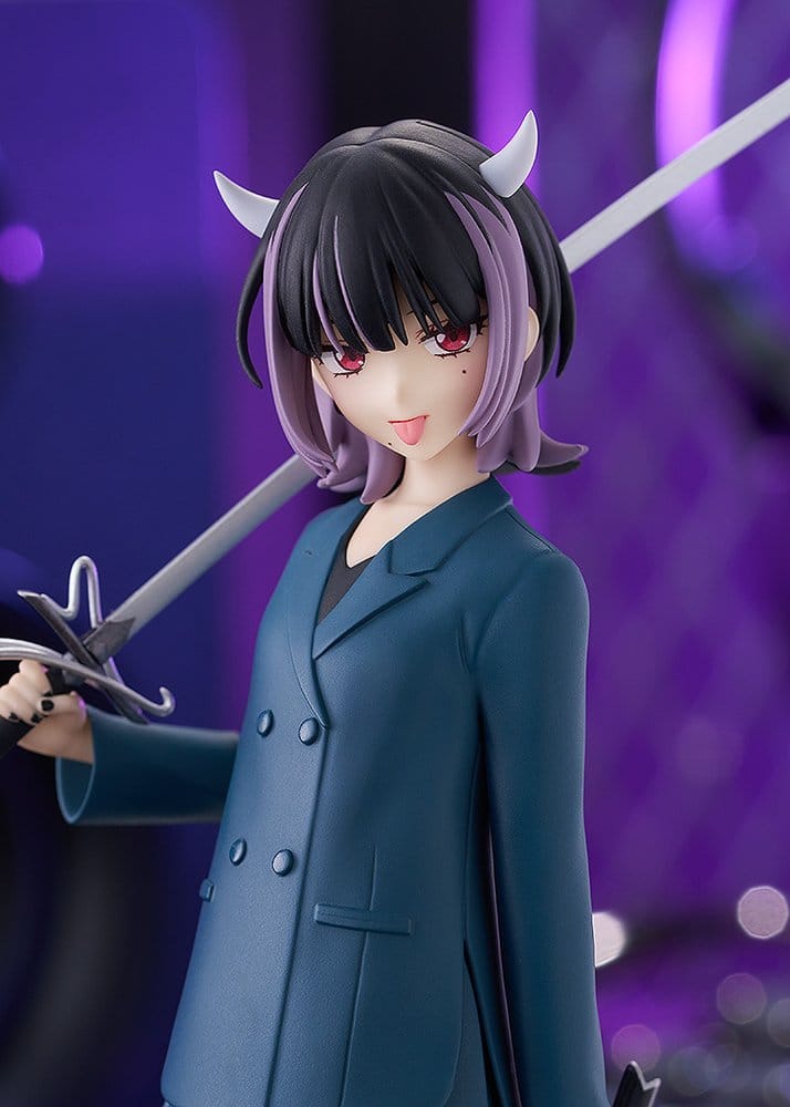 Close-up of Nira-chan Devil (Time Left) figure's face, horns and sword over shoulder