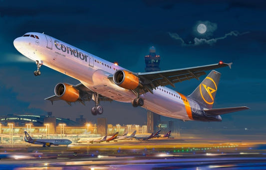 Zvezda 1:144 Airbus A321ceo kit, box artwork of Condor airliner taking off at night