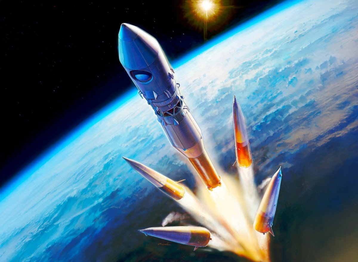 Zvezda 1:144 Vostok-1 spacecraft and launch rocket kit, box artwork of rocket launching above Earth