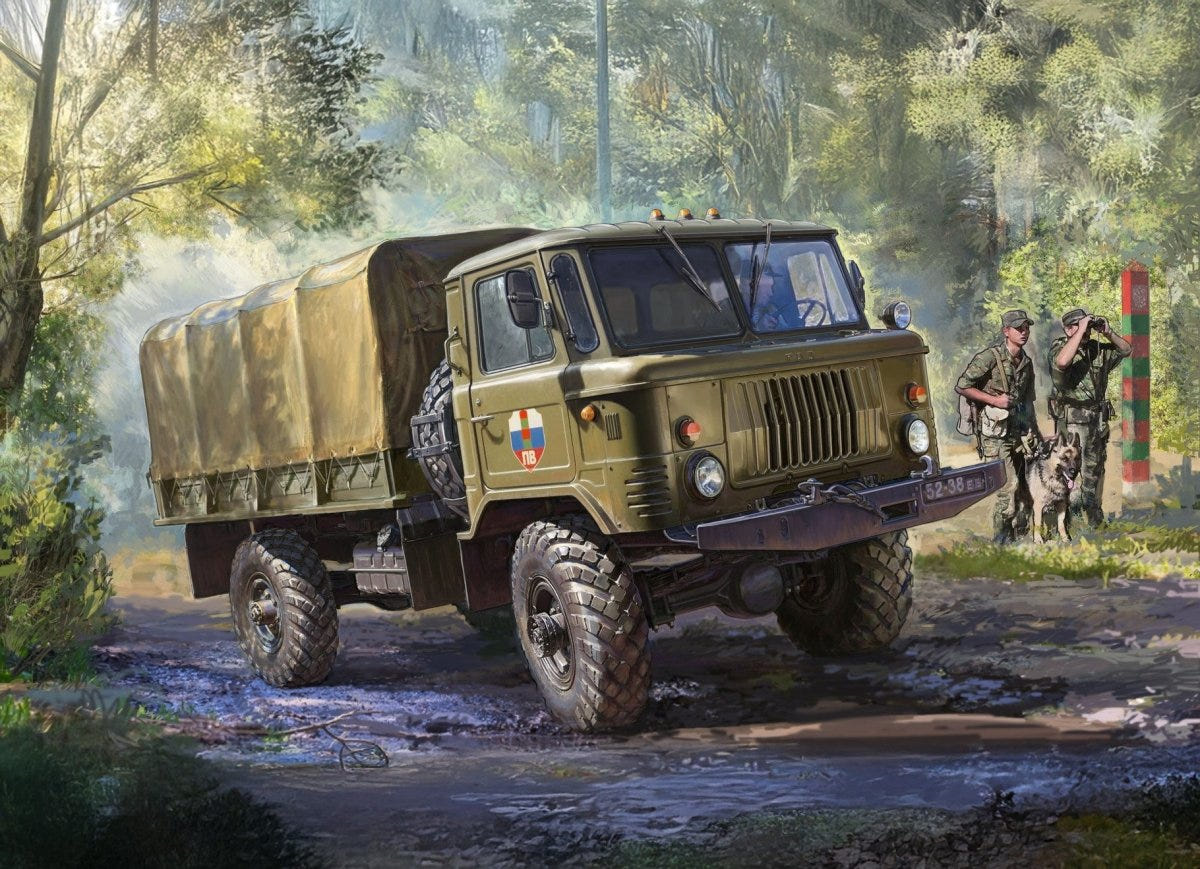 Zvezda 1:35 GAZ-66 military truck kit, box artwork of truck driving through woodland