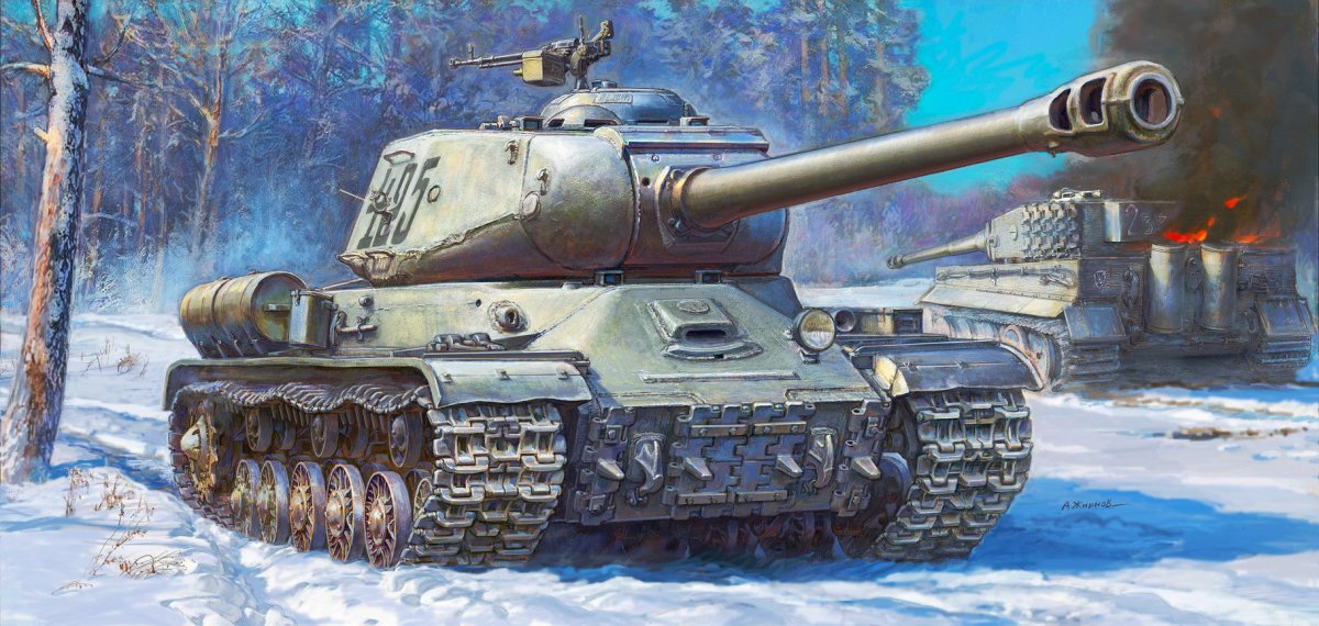 Zvezda 1:35 IS-2 Soviet heavy tank kit, box artwork of tank in a snowy forest