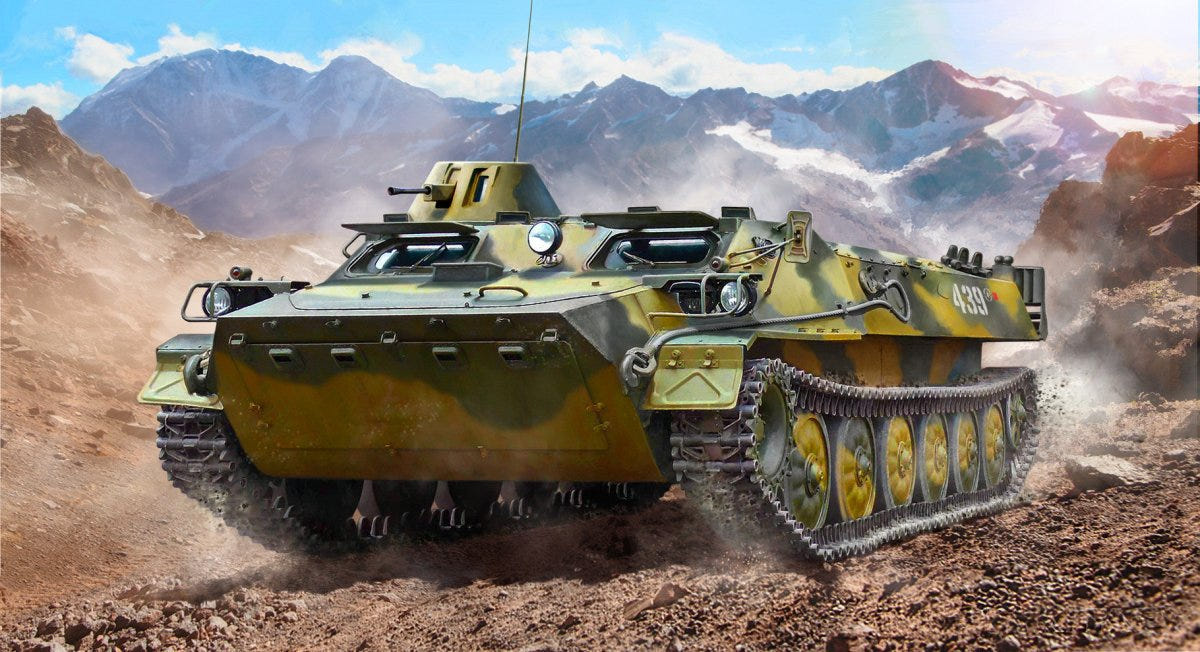 Zvezda 1:35 MT-LB amphibious armoured personnel carrier kit, box artwork in the mountains