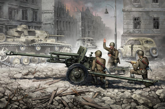 Zvezda 1:35 Soviet ZIS-3 76mm anti-tank gun with crew kit, box artwork in a ruined city
